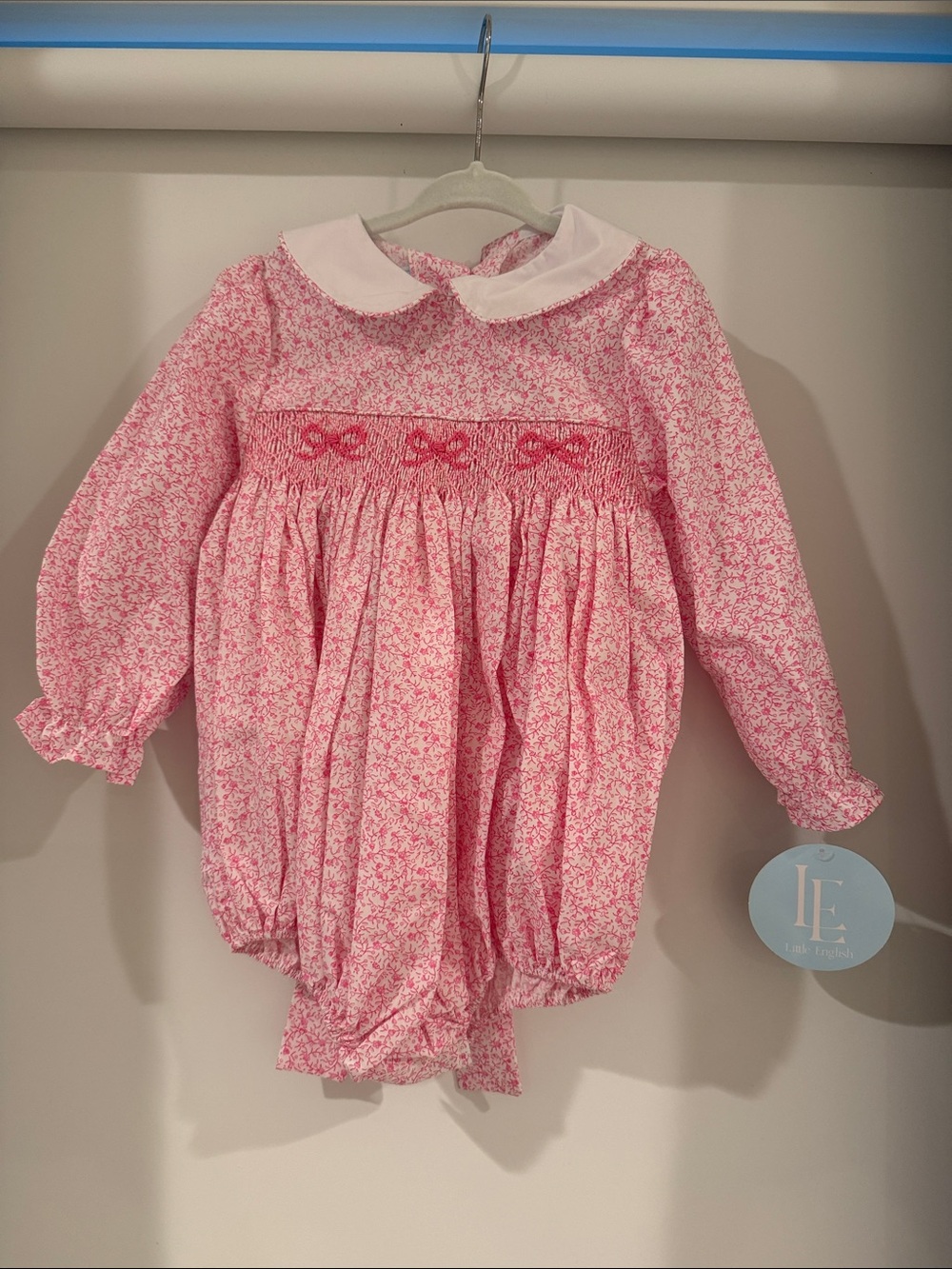 Little English NWT Pink Floral Smocked Baby Bubble with White Peter Pan Collar